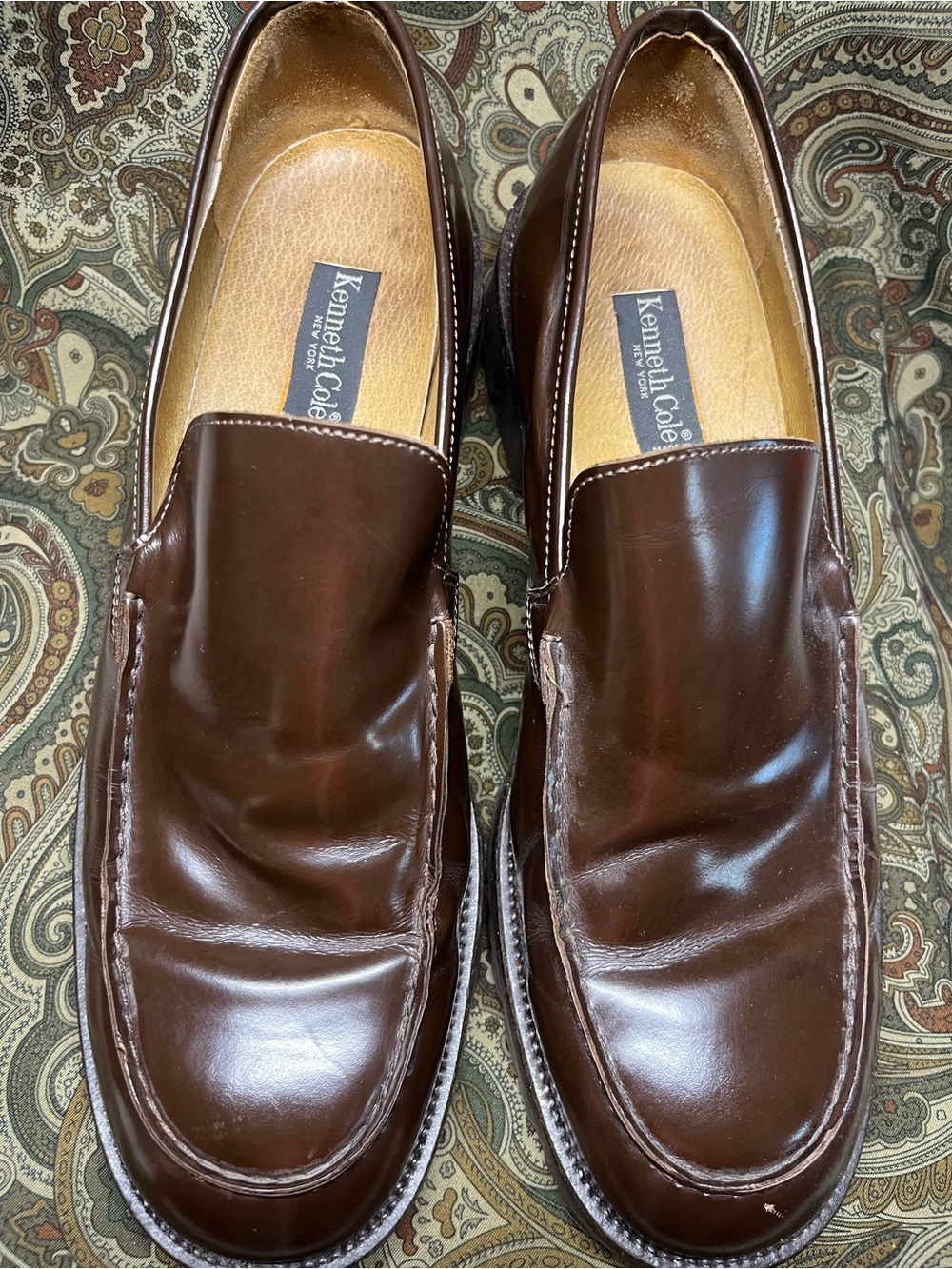 Kenneth Cole Brown Leather Slip-On Loafers - Polished Moc Toe - 12